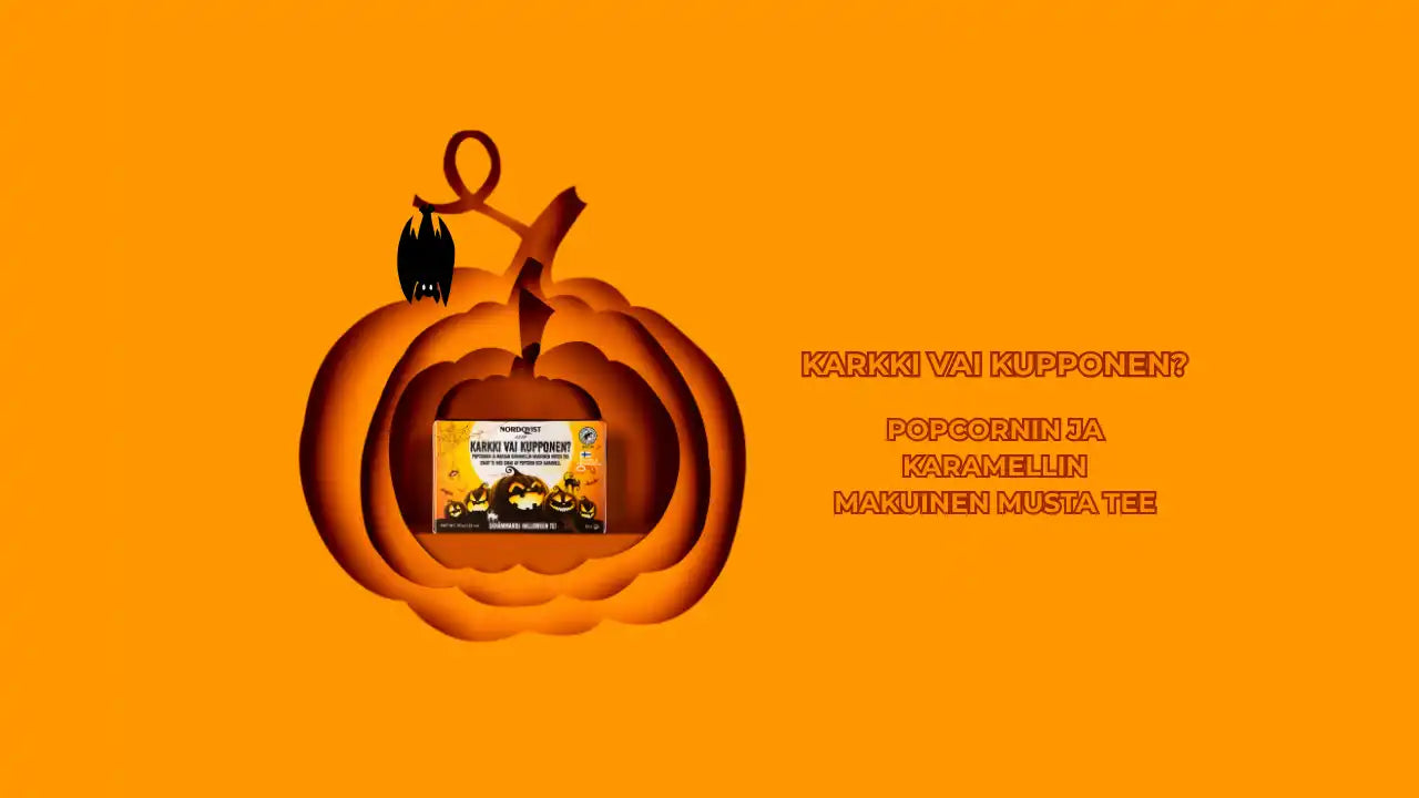Halloween-teemainen musta tee popcorni ja karamellin makuisena.