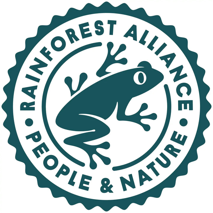 Pyöreä Rainforest Alliance -sertifikaattiepi, jossa sammakko.