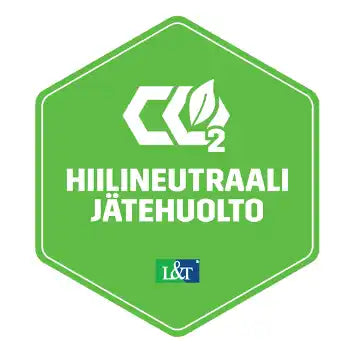 Vihreä, hexagonaalinen logo hiilineutraalille jätehuollolle.